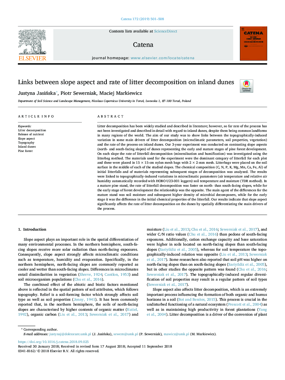 Links between slope aspect and rate of litter decomposition on inland dunes