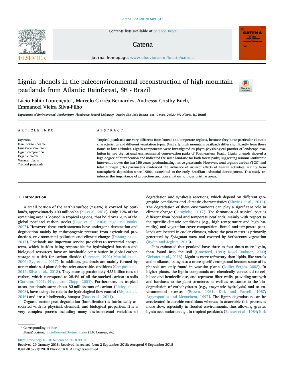 Lignin phenols in the paleoenvironmental reconstruction of high mountain peatlands from Atlantic Rainforest, SE - Brazil