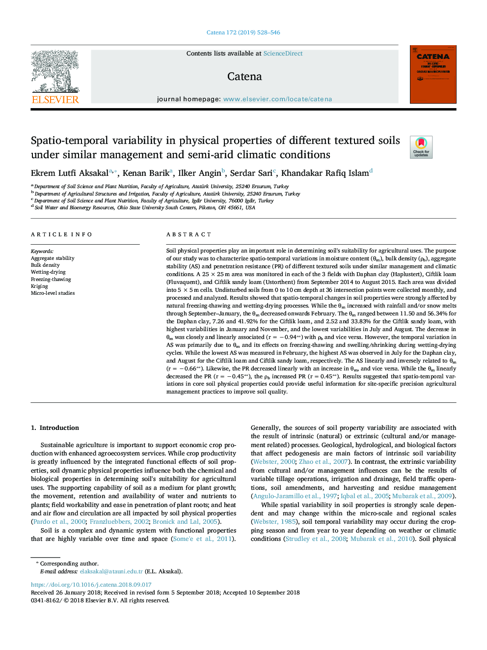 Spatio-temporal variability in physical properties of different textured soils under similar management and semi-arid climatic conditions