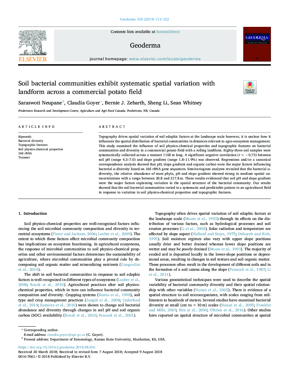 Soil bacterial communities exhibit systematic spatial variation with landform across a commercial potato field