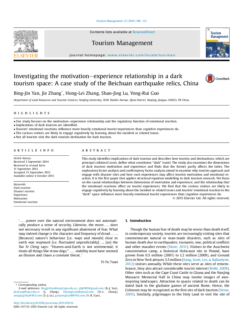 Investigating the motivation–experience relationship in a dark tourism space: A case study of the Beichuan earthquake relics, China