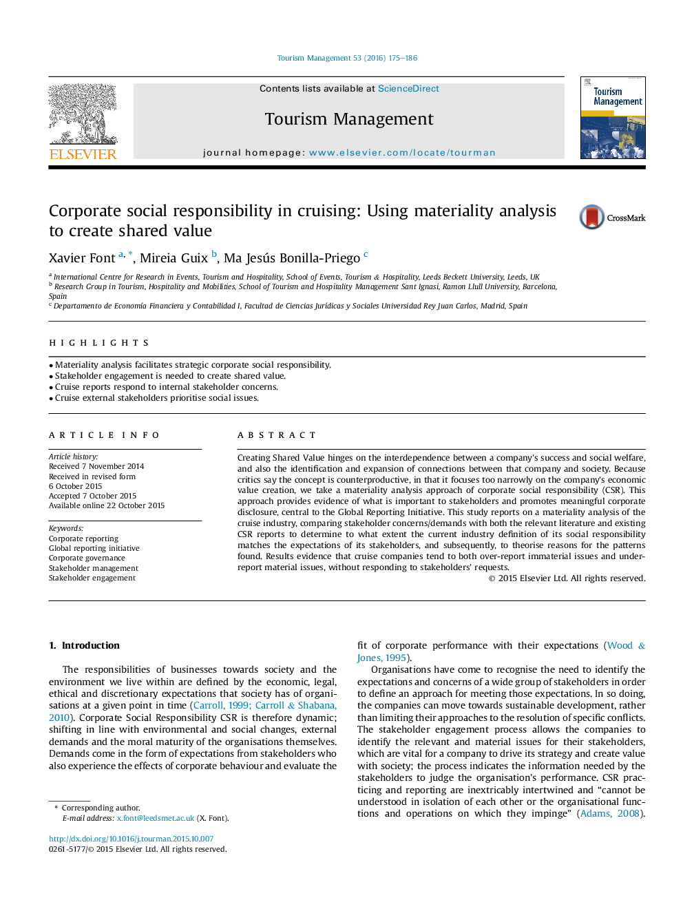 Corporate social responsibility in cruising: Using materiality analysis to create shared value