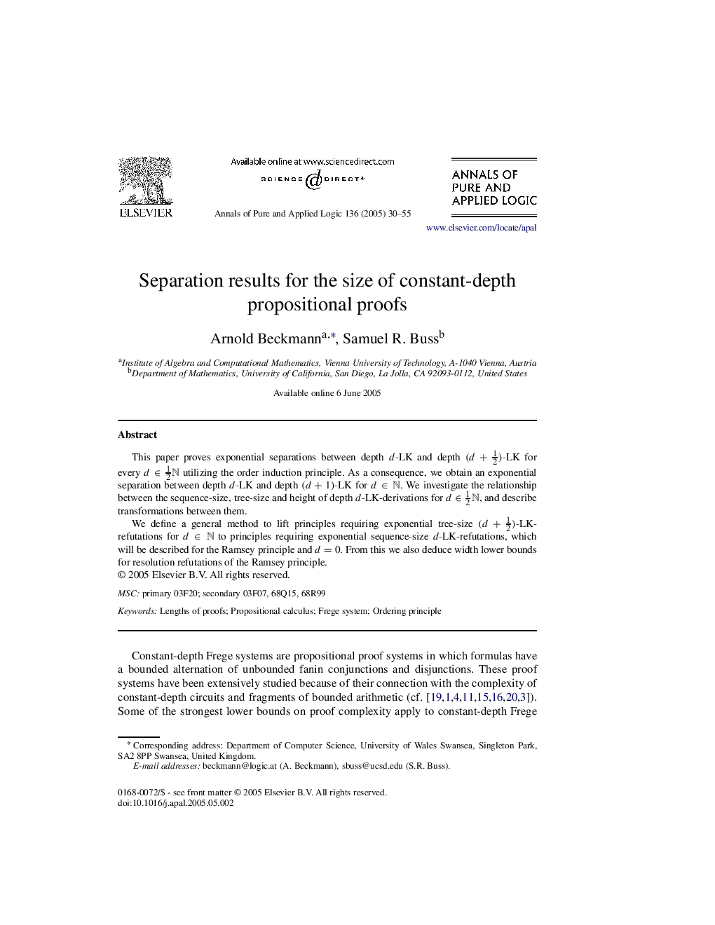 Separation results for the size of constant-depth propositional proofs