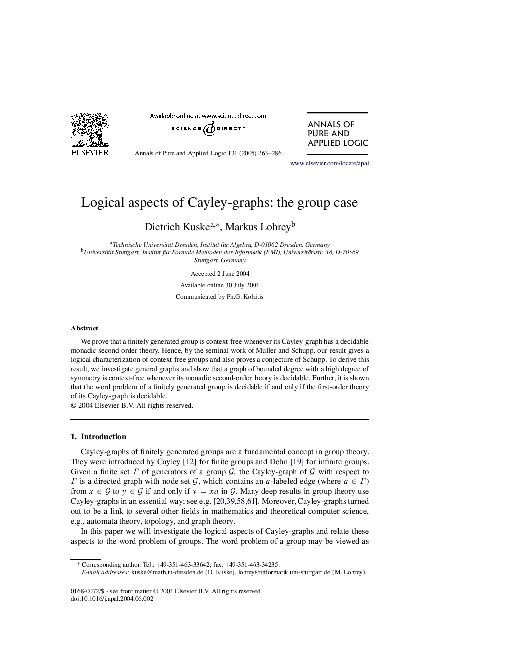 Logical aspects of Cayley-graphs: the group case