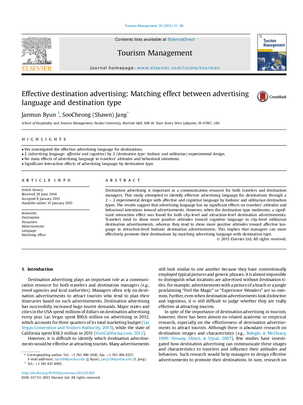 Effective destination advertising: Matching effect between advertising language and destination type