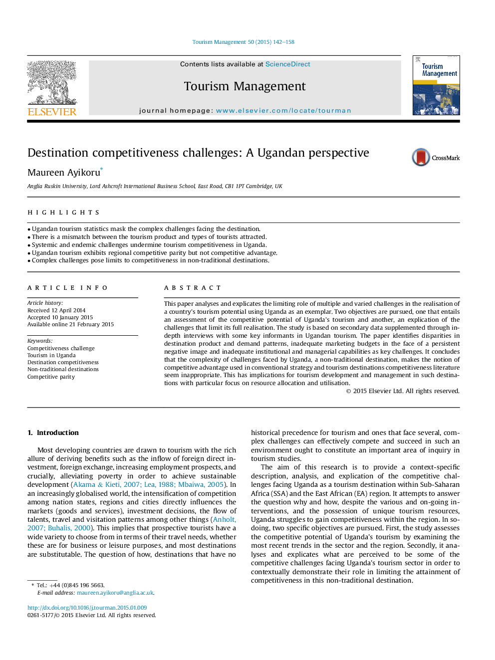 Destination competitiveness challenges: A Ugandan perspective