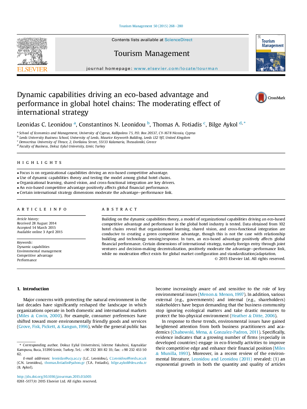 Dynamic capabilities driving an eco-based advantage and performance in global hotel chains: The moderating effect of international strategy