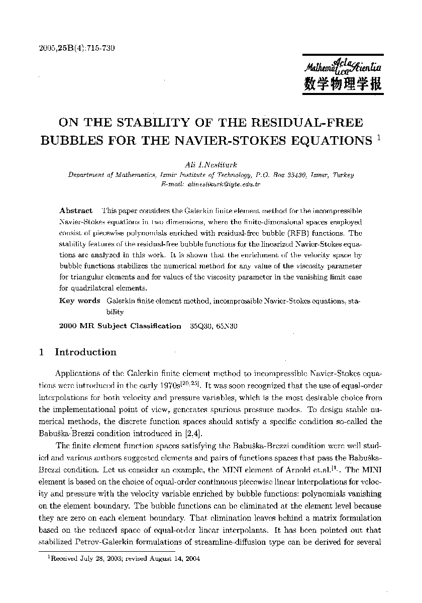 ON THE STABILITY OF THE RESIDUAL-FREE BUBBLES FOR THE NAVIER-STOKES EQUATIONS