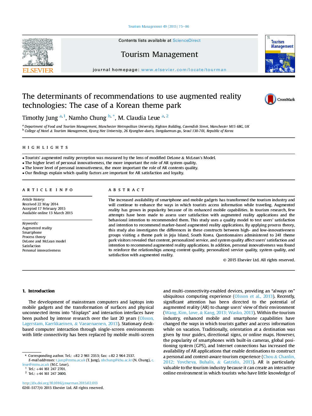 The determinants of recommendations to use augmented reality technologies: The case of a Korean theme park