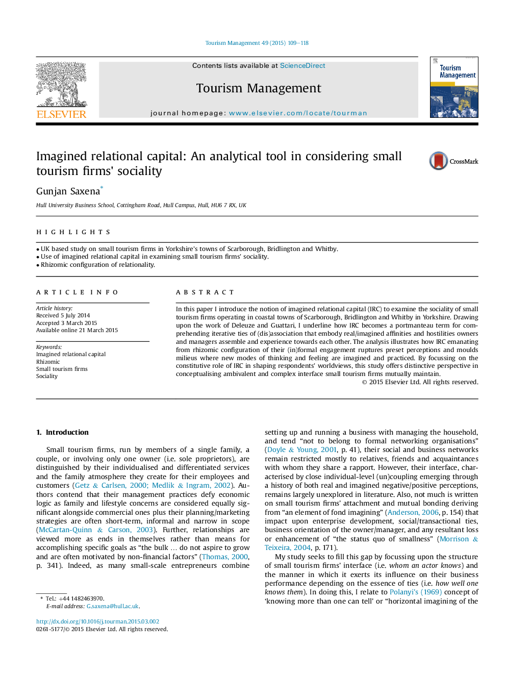 Imagined relational capital: An analytical tool in considering small tourism firms' sociality