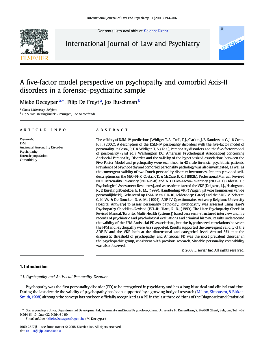 A five-factor model perspective on psychopathy and comorbid Axis-II disorders in a forensic–psychiatric sample