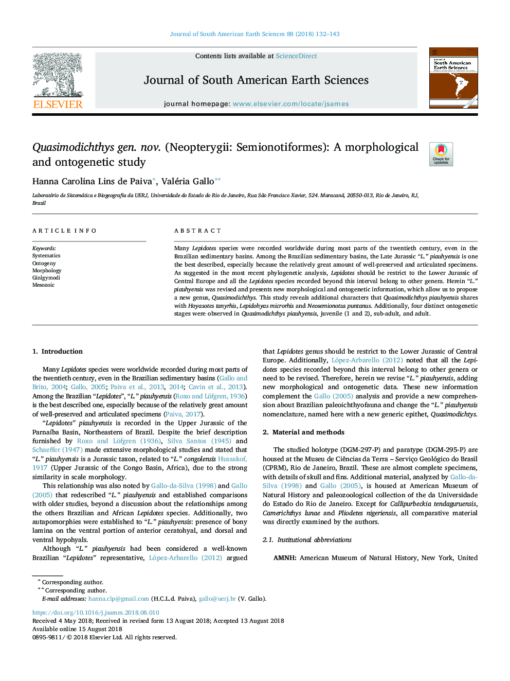 Quasimodichthys gen. nov. (Neopterygii: Semionotiformes): A morphological and ontogenetic study