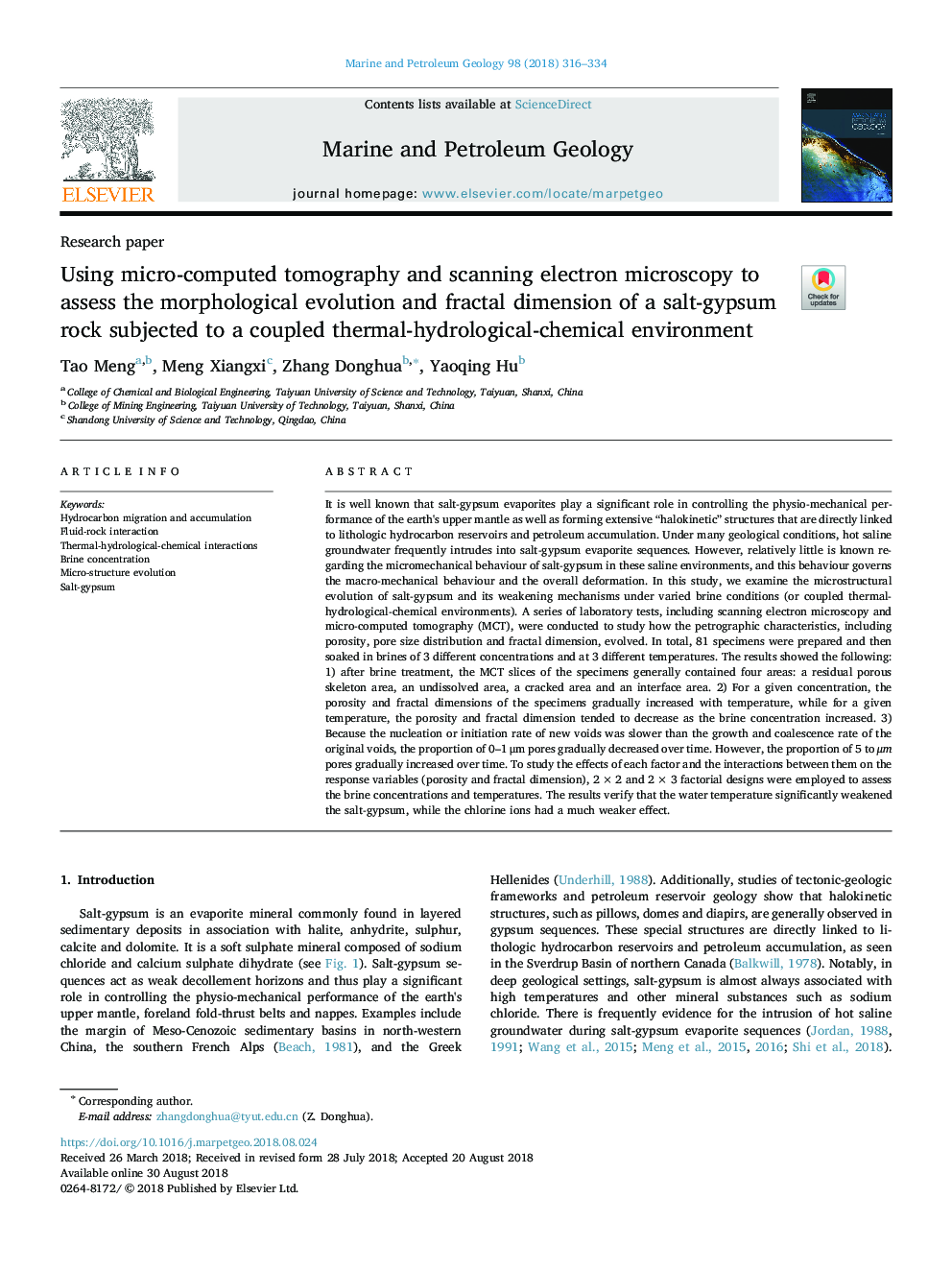 Using micro-computed tomography and scanning electron microscopy to assess the morphological evolution and fractal dimension of a salt-gypsum rock subjected to a coupled thermal-hydrological-chemical environment