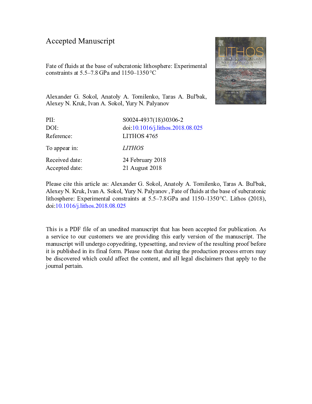 Fate of fluids at the base of subcratonic lithosphere: Experimental constraints at 5.5-7.8â¯GPa and 1150-1350 deg C