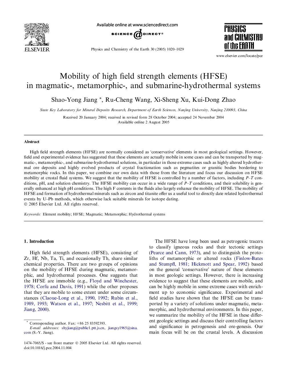 Mobility of high field strength elements (HFSE) in magmatic-, metamorphic-, and submarine-hydrothermal systems