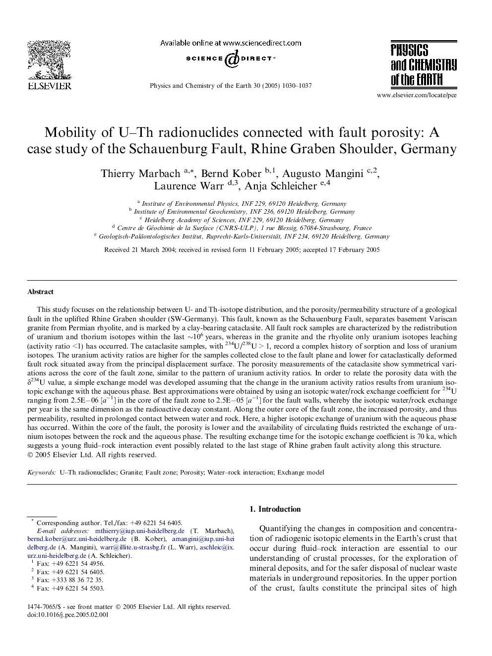 Mobility of U-Th radionuclides connected with fault porosity: A case study of the Schauenburg Fault, Rhine Graben Shoulder, Germany