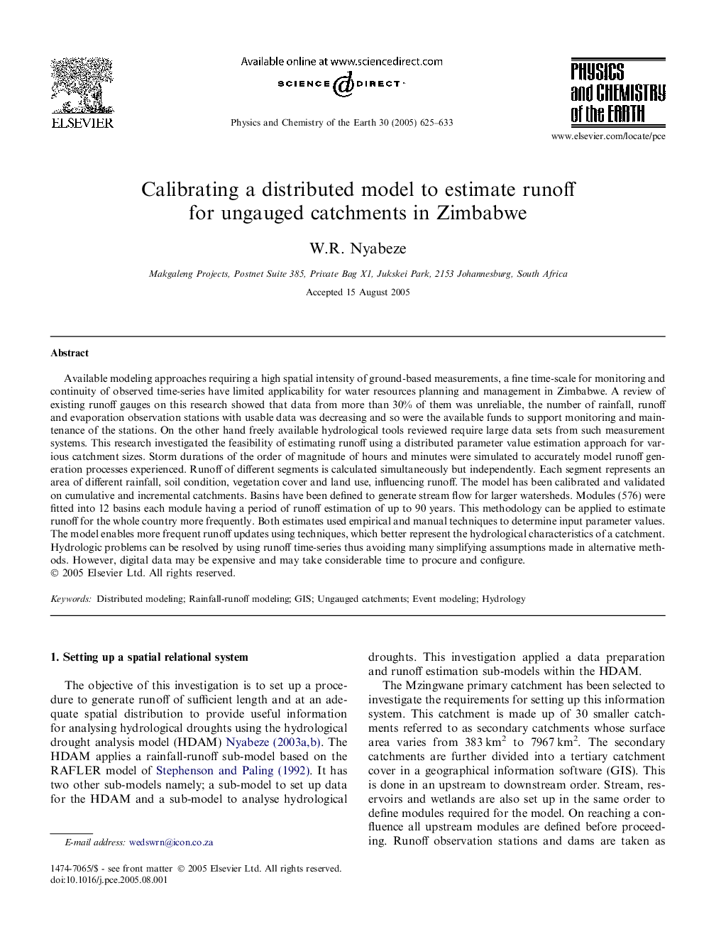 Calibrating a distributed model to estimate runoff for ungauged catchments in Zimbabwe