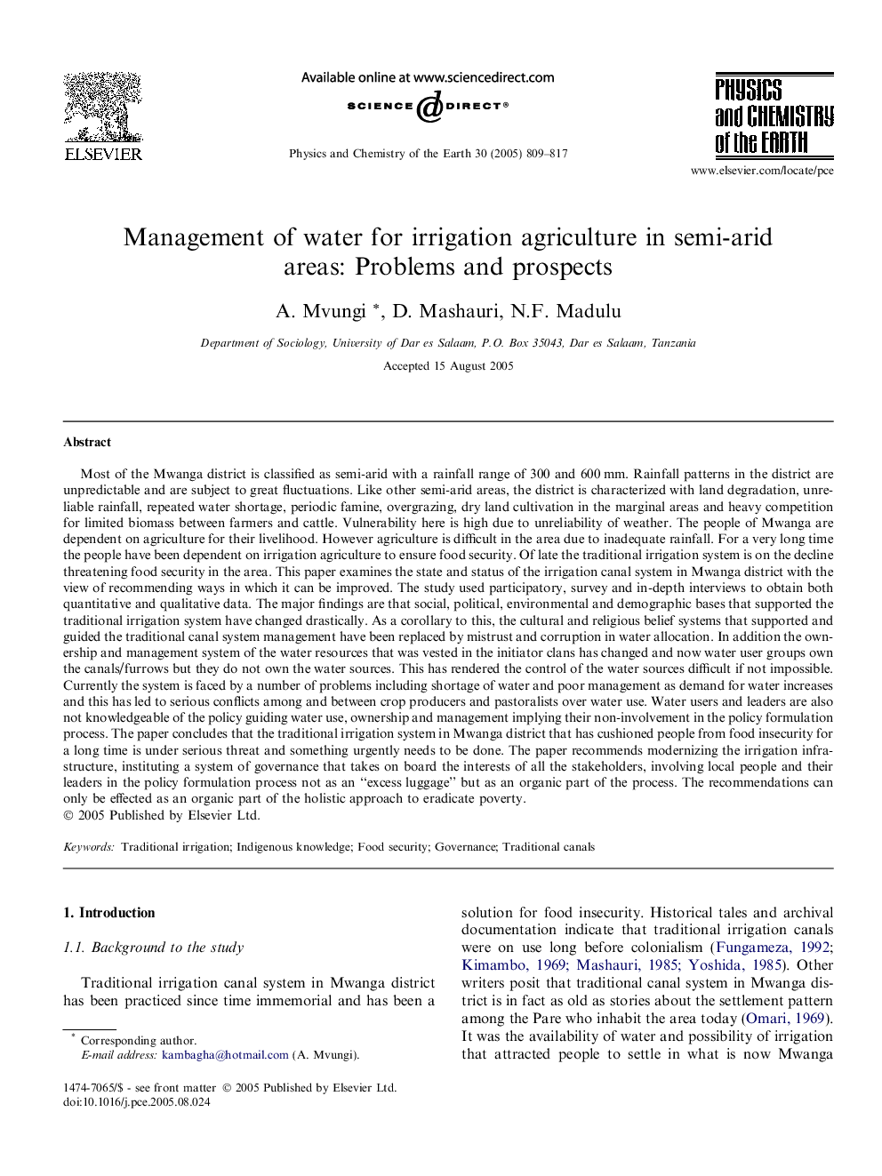 Management of water for irrigation agriculture in semi-arid areas: Problems and prospects