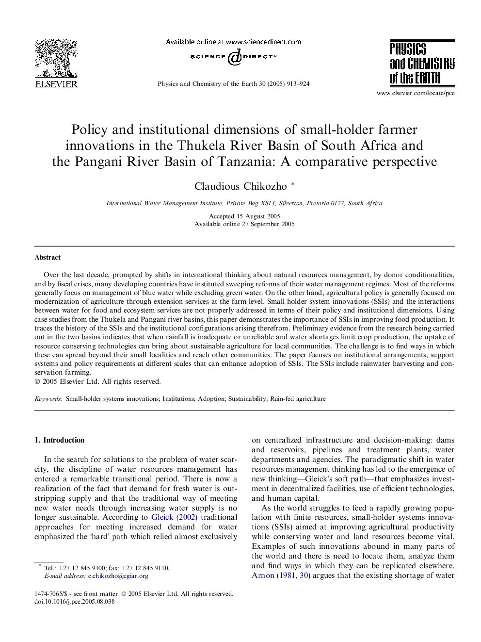 Policy and institutional dimensions of small-holder farmer innovations in the Thukela River Basin of South Africa and the Pangani River Basin of Tanzania: A comparative perspective