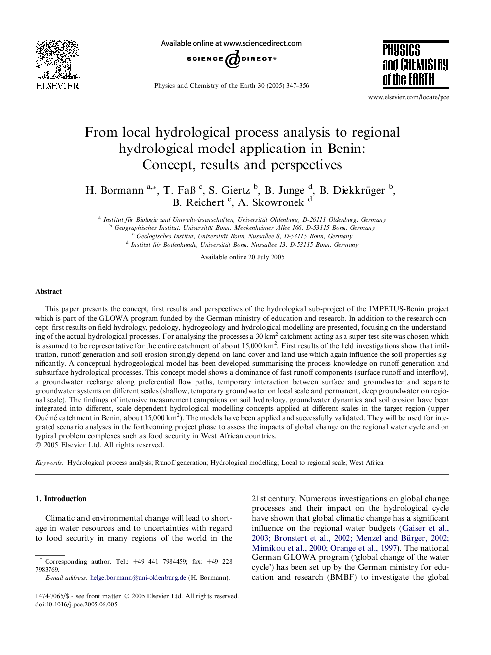 From local hydrological process analysis to regional hydrological model application in Benin: Concept, results and perspectives