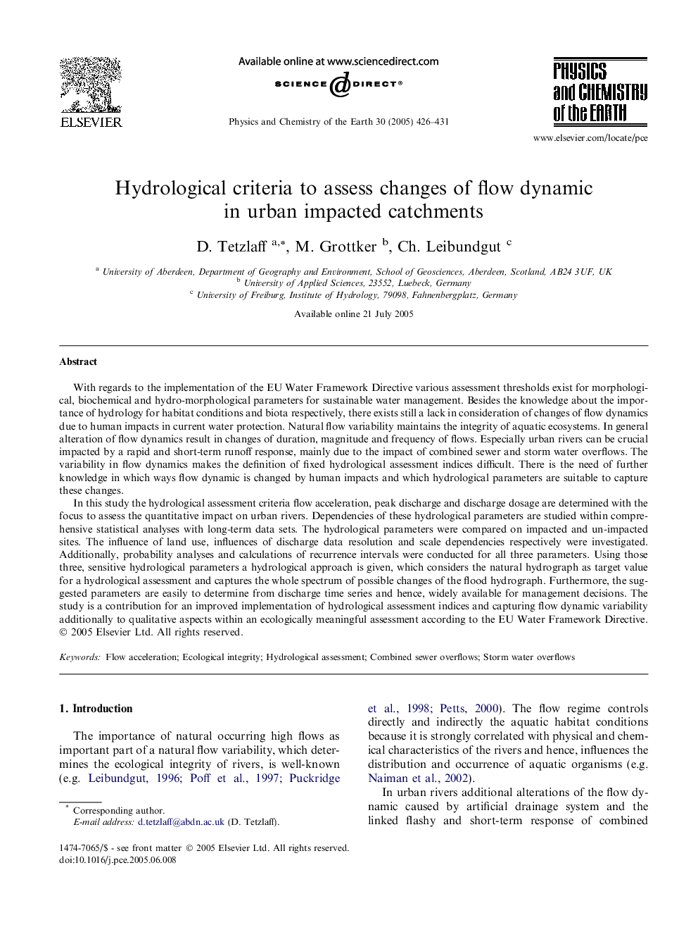 Hydrological criteria to assess changes of flow dynamic in urban impacted catchments