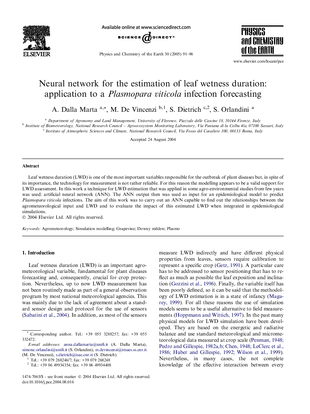 Neural network for the estimation of leaf wetness duration: application to a Plasmopara viticola infection forecasting