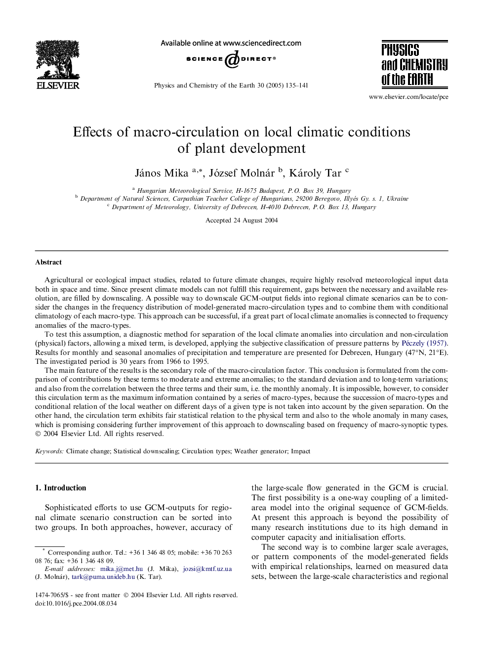 Effects of macro-circulation on local climatic conditions of plant development