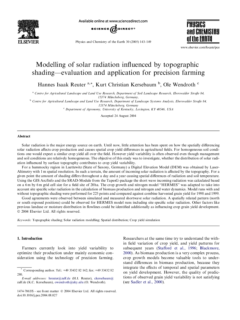 Modelling of solar radiation influenced by topographic shading--evaluation and application for precision farming