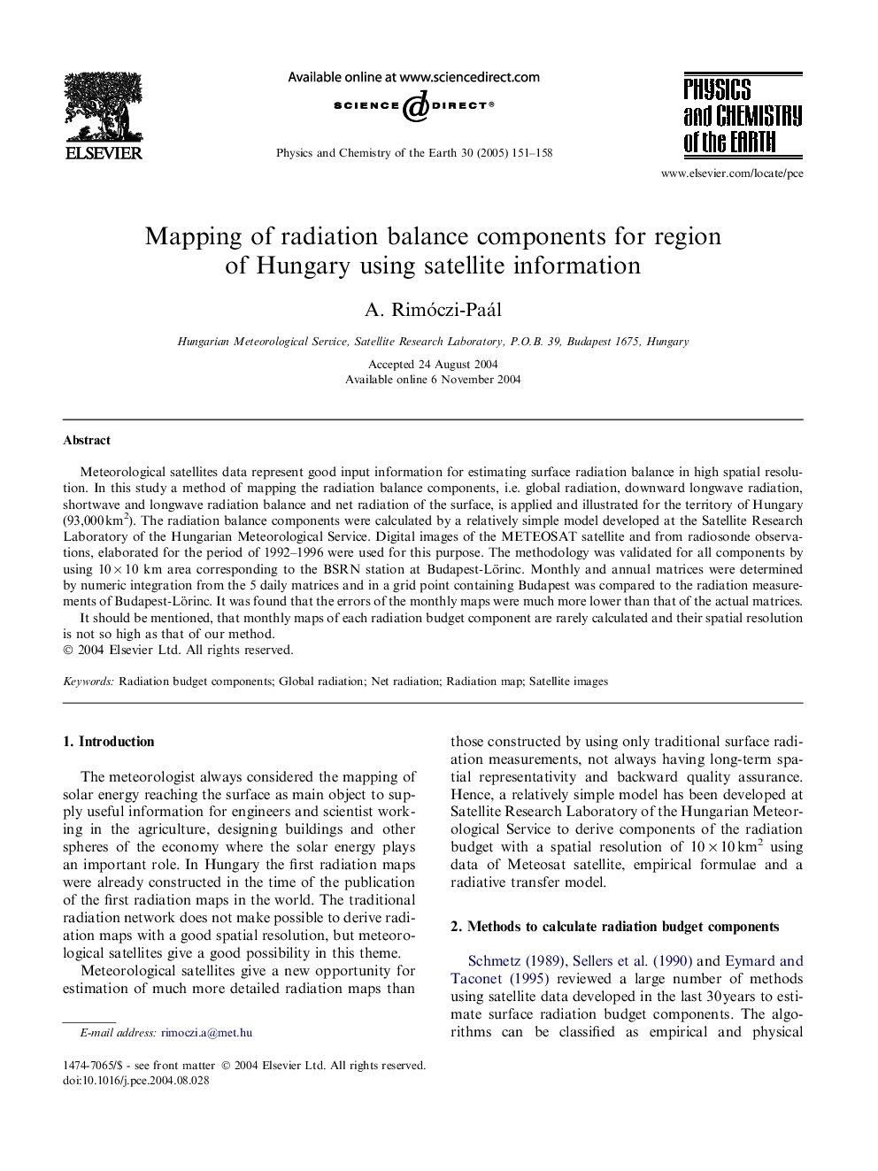 Mapping of radiation balance components for region of Hungary using satellite information