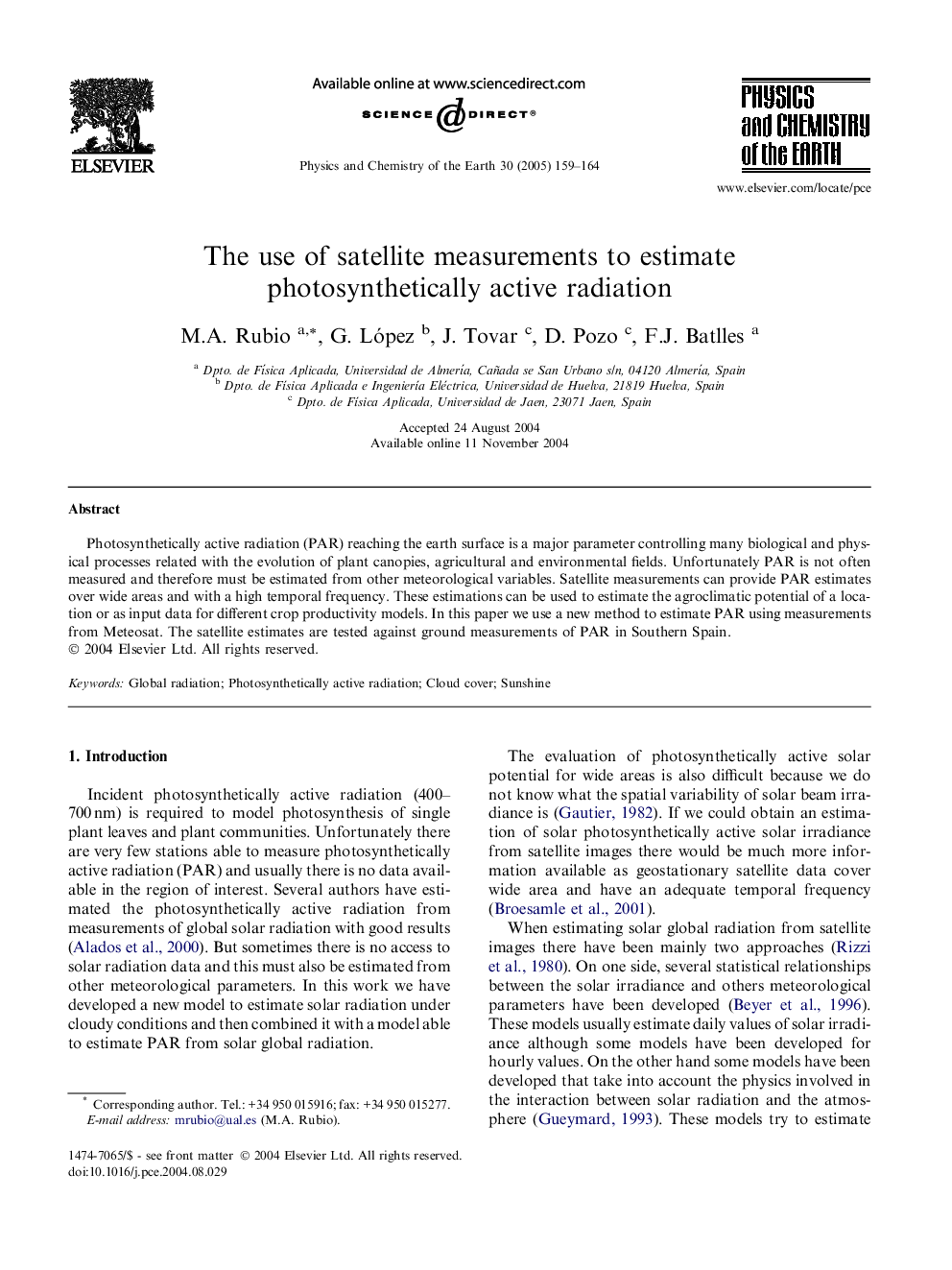 The use of satellite measurements to estimate photosynthetically active radiation