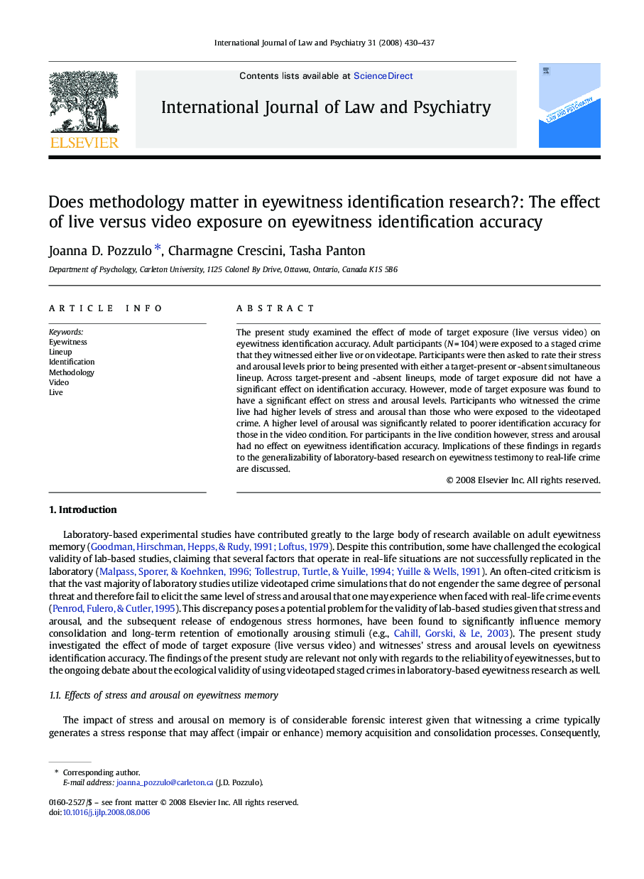 Does methodology matter in eyewitness identification research?: The effect of live versus video exposure on eyewitness identification accuracy