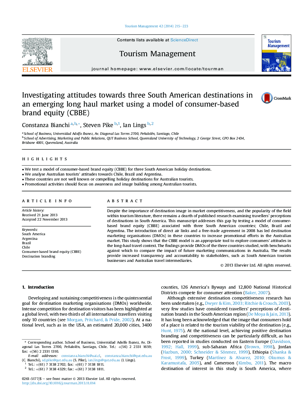 Investigating attitudes towards three South American destinations in an emerging long haul market using a model of consumer-based brand equity (CBBE)