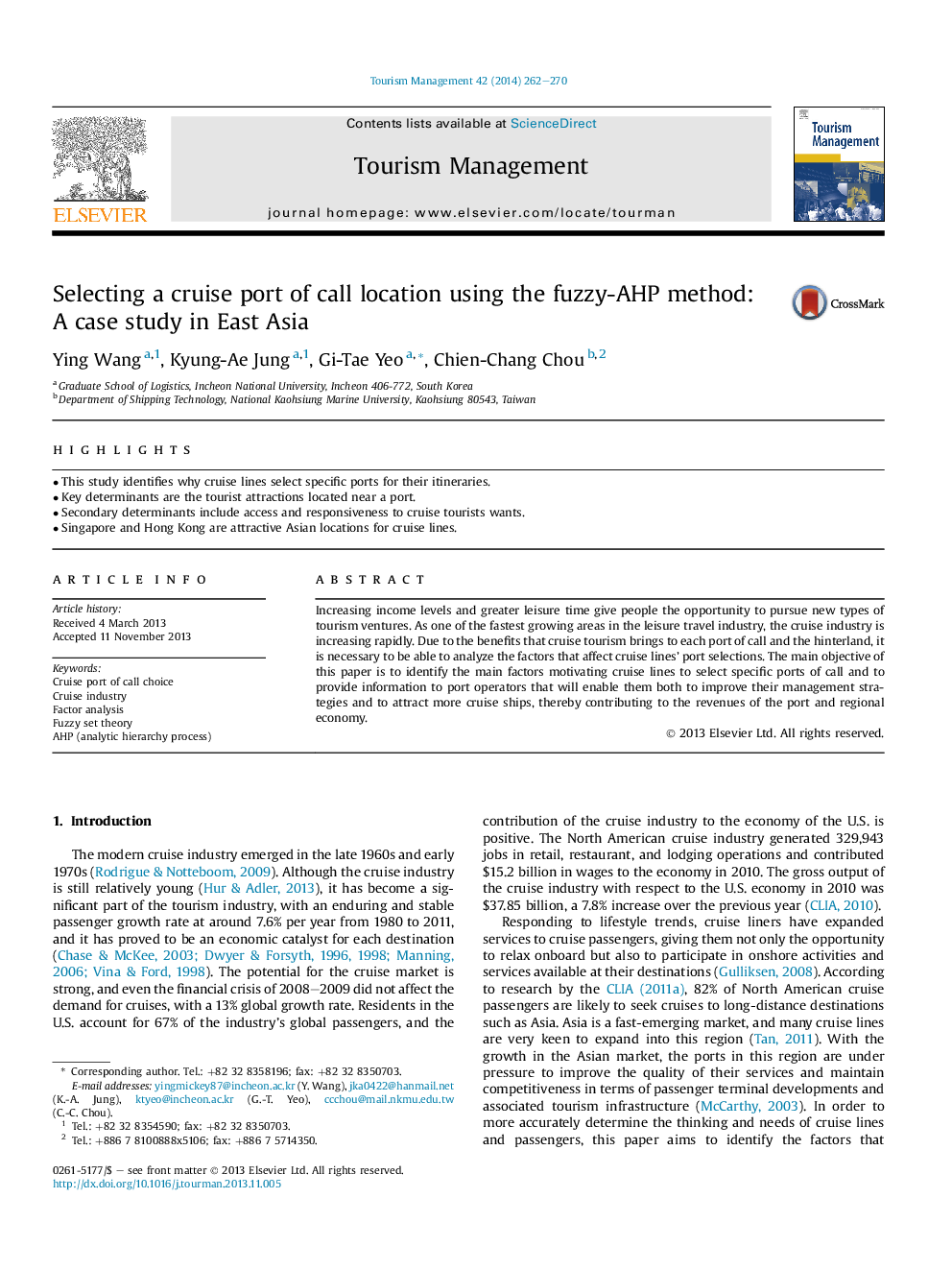 Selecting a cruise port of call location using the fuzzy-AHP method: A case study in East Asia