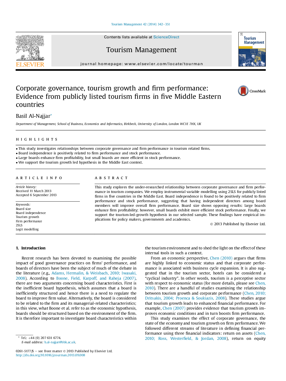 Corporate governance, tourism growth and firm performance: Evidence from publicly listed tourism firms in five Middle Eastern countries