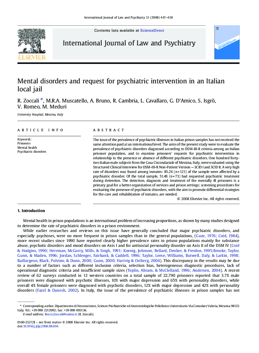 Mental disorders and request for psychiatric intervention in an Italian local jail