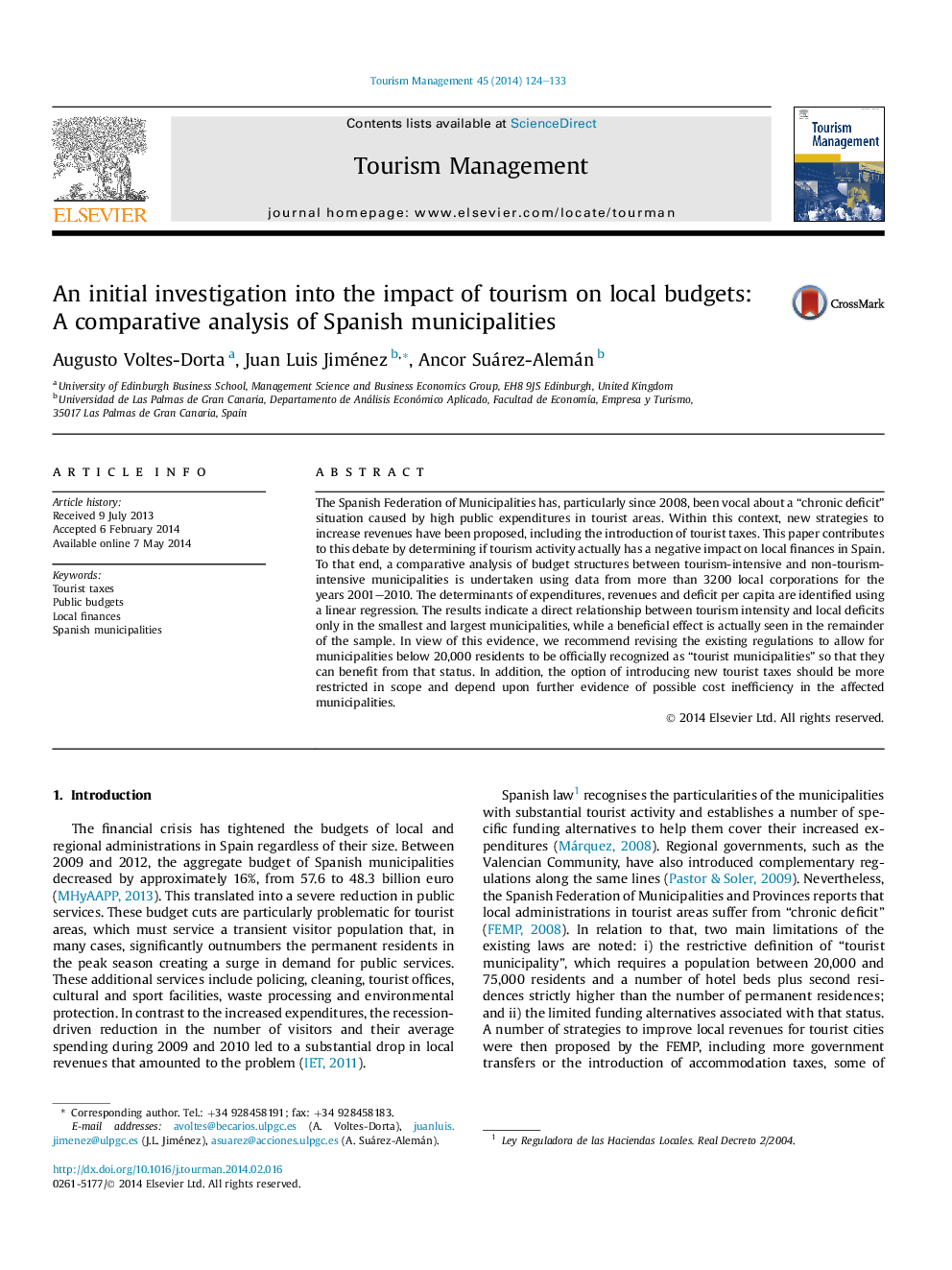 An initial investigation into the impact of tourism on local budgets: A comparative analysis of Spanish municipalities