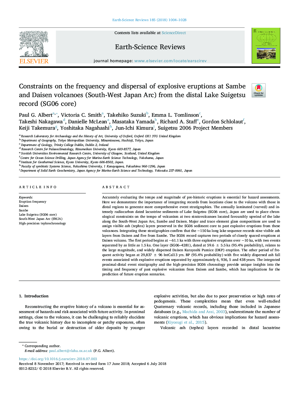 Constraints on the frequency and dispersal of explosive eruptions at Sambe and Daisen volcanoes (South-West Japan Arc) from the distal Lake Suigetsu record (SG06 core)