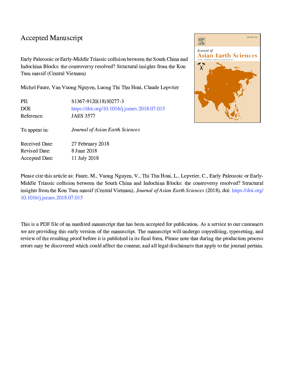 Early Paleozoic or Early-Middle Triassic collision between the South China and Indochina Blocks: The controversy resolved? Structural insights from the Kon Tum massif (Central Vietnam)