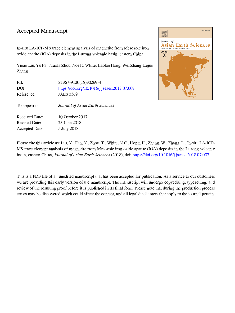 In-situ LA-ICP-MS trace element analysis of magnetite from Mesozoic iron oxide apatite (IOA) deposits in the Luzong volcanic basin, eastern China