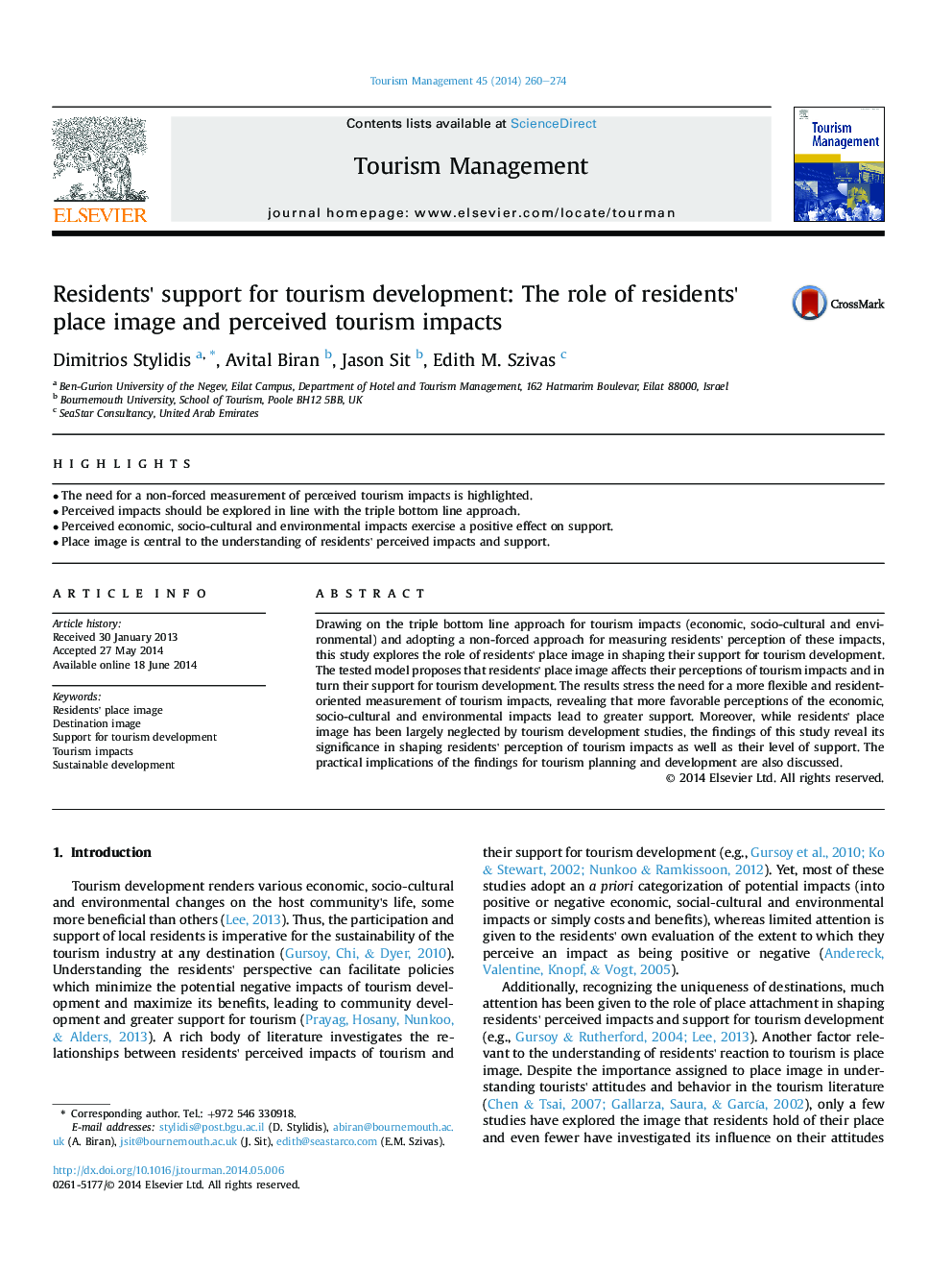 Residents' support for tourism development: The role of residents' place image and perceived tourism impacts