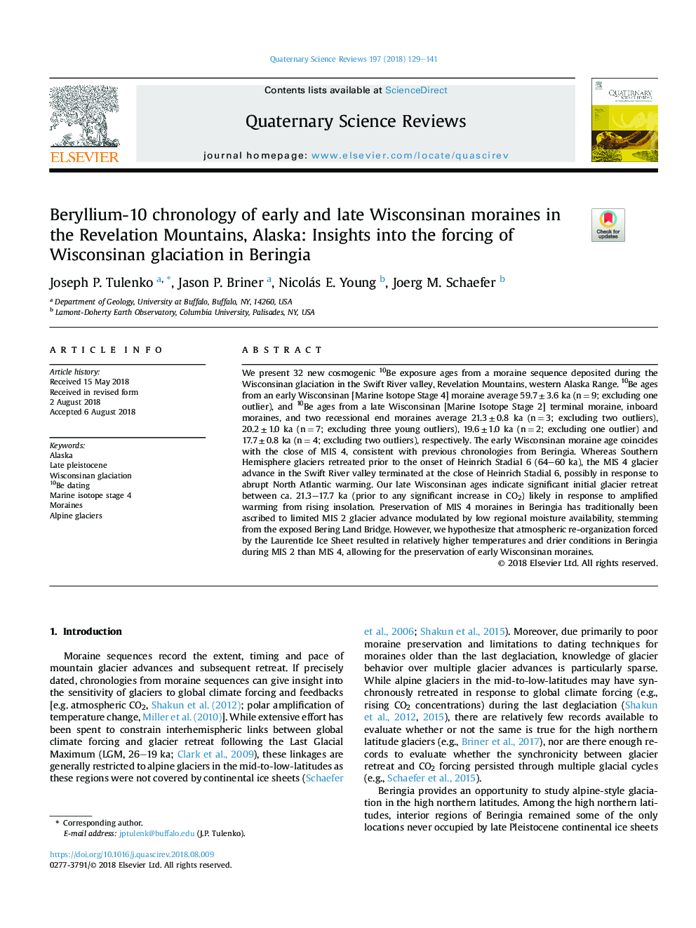 Beryllium-10 chronology of early and late Wisconsinan moraines in the Revelation Mountains, Alaska: Insights into the forcing of Wisconsinan glaciation in Beringia