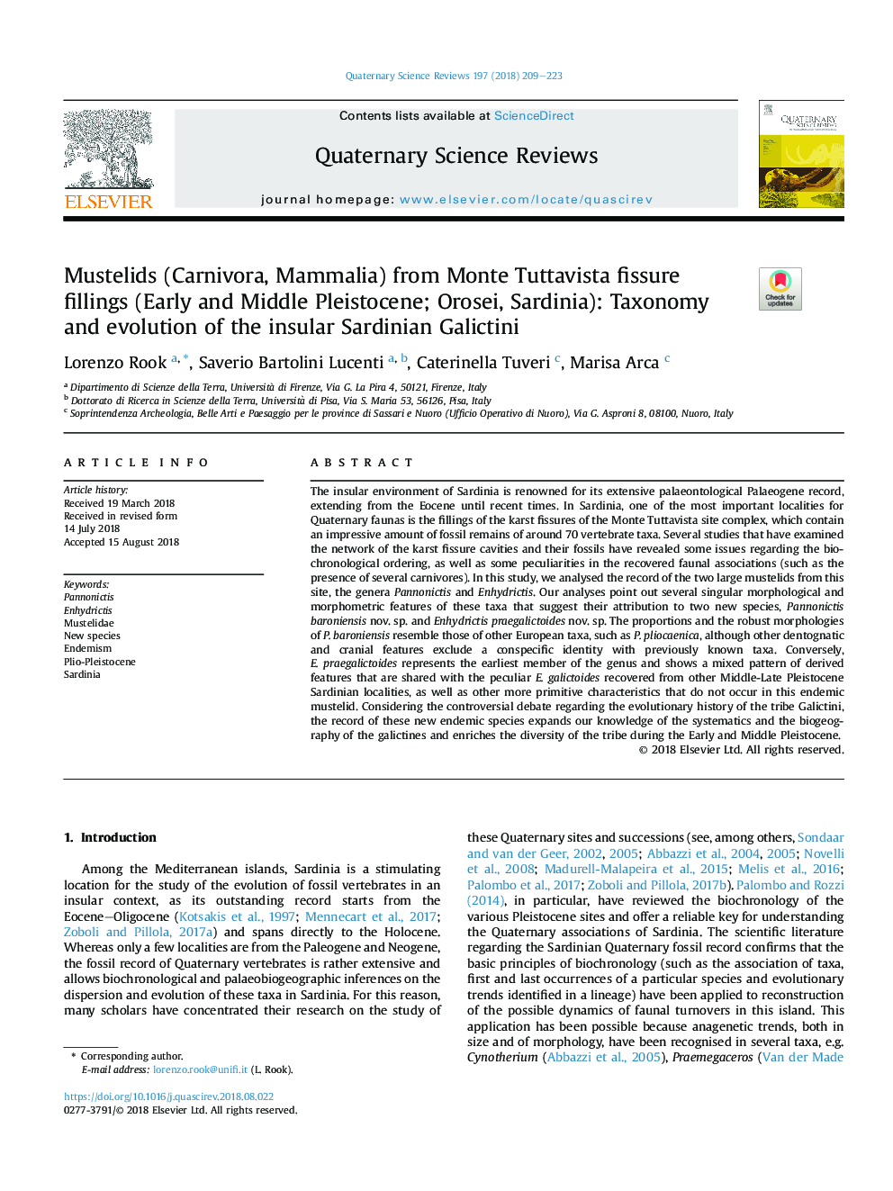 Mustelids (Carnivora, Mammalia) from Monte Tuttavista fissure fillings (Early and Middle Pleistocene; Orosei, Sardinia): Taxonomy and evolution of the insular Sardinian Galictini