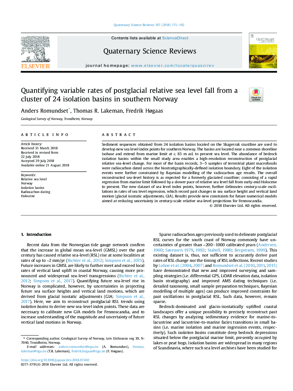 Quantifying variable rates of postglacial relative sea level fall from a cluster of 24 isolation basins in southern Norway