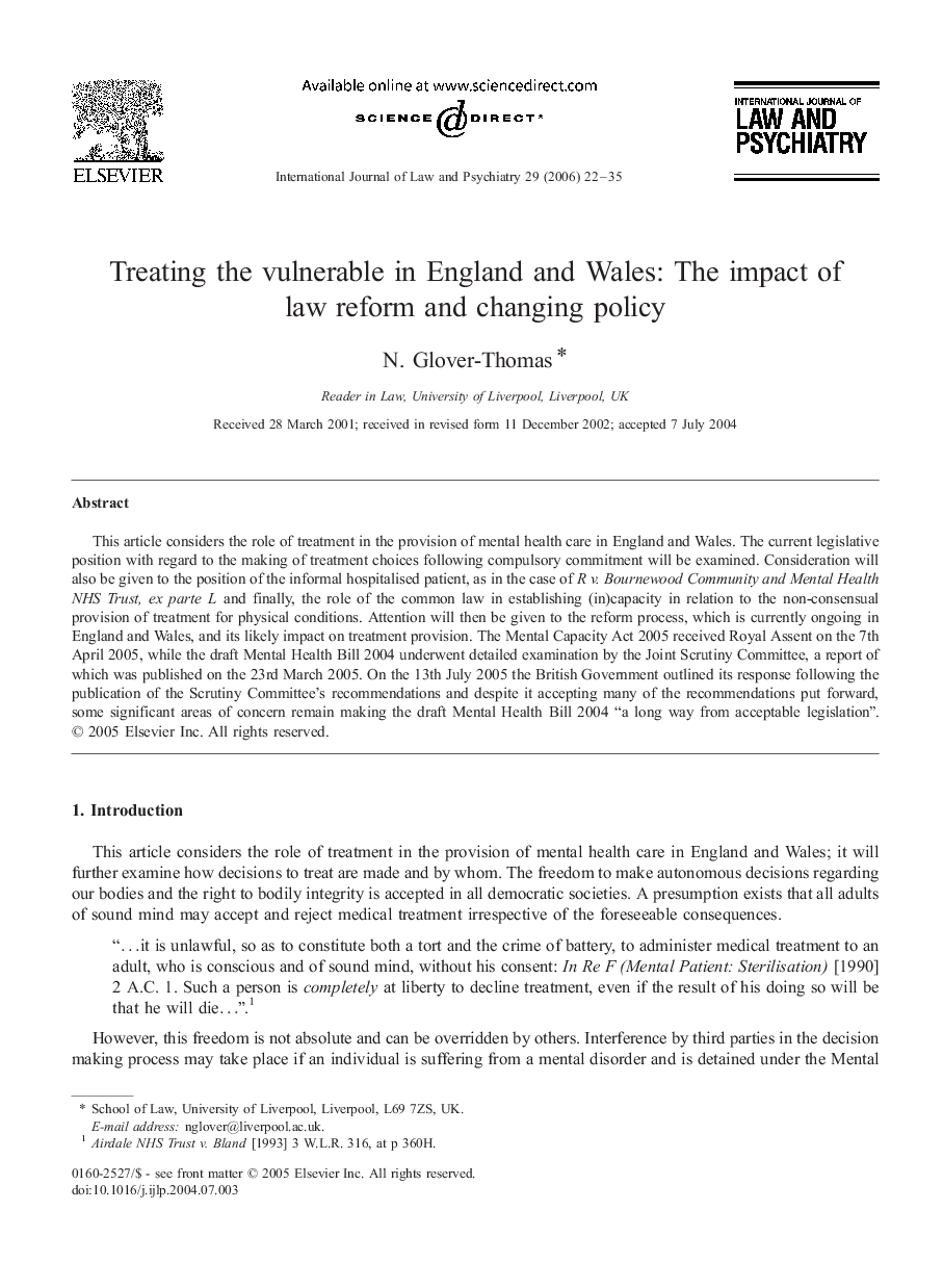 Treating the vulnerable in England and Wales: The impact of law reform and changing policy