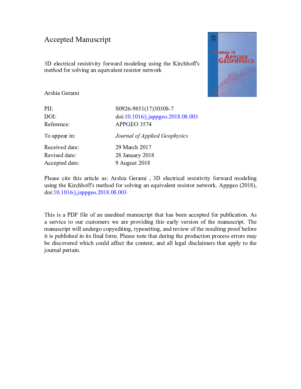 3D electrical resistivity forward modeling using the Kirchhoff's method for solving an equivalent resistor network