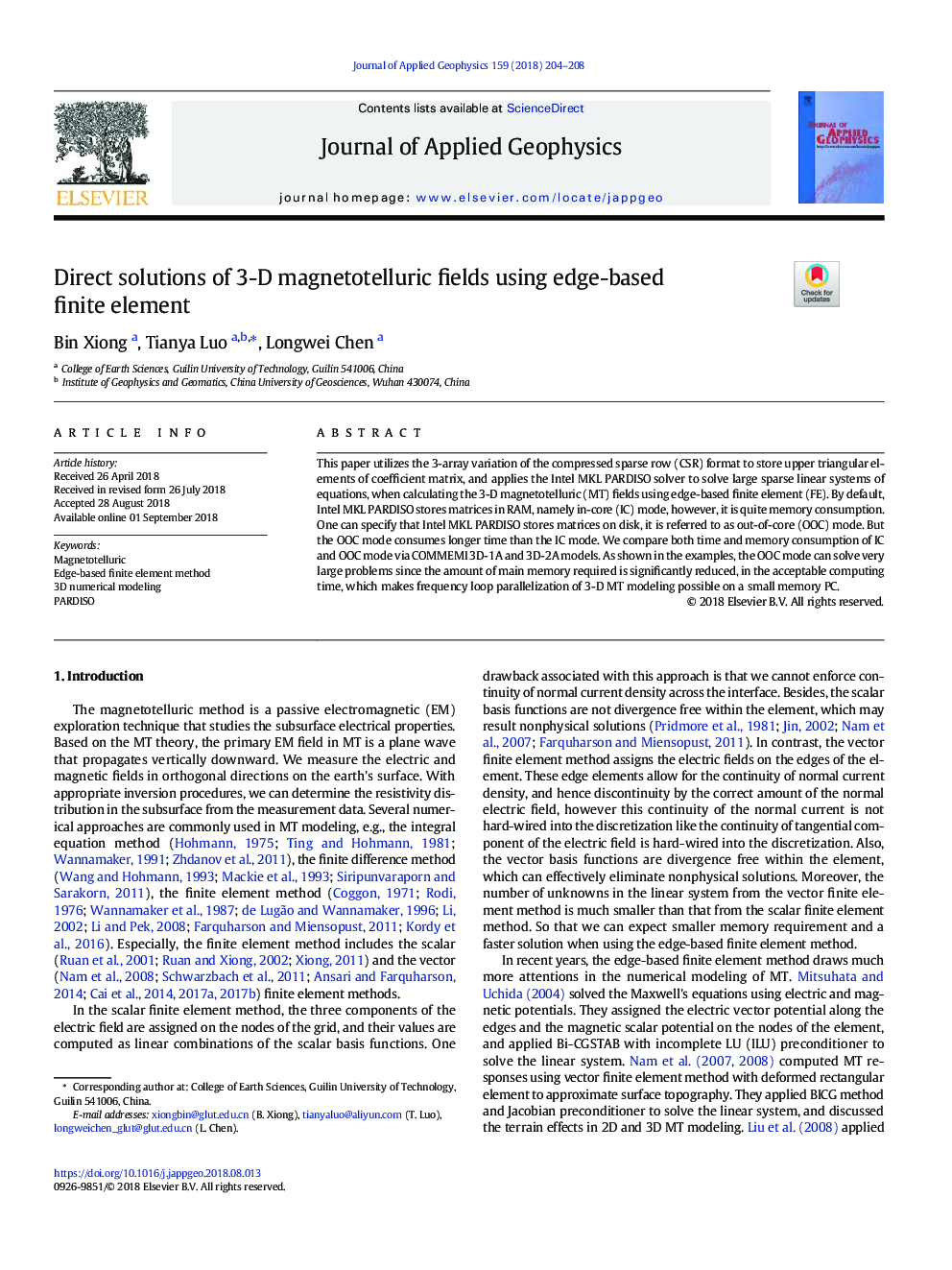 Direct solutions of 3-D magnetotelluric fields using edge-based finite element