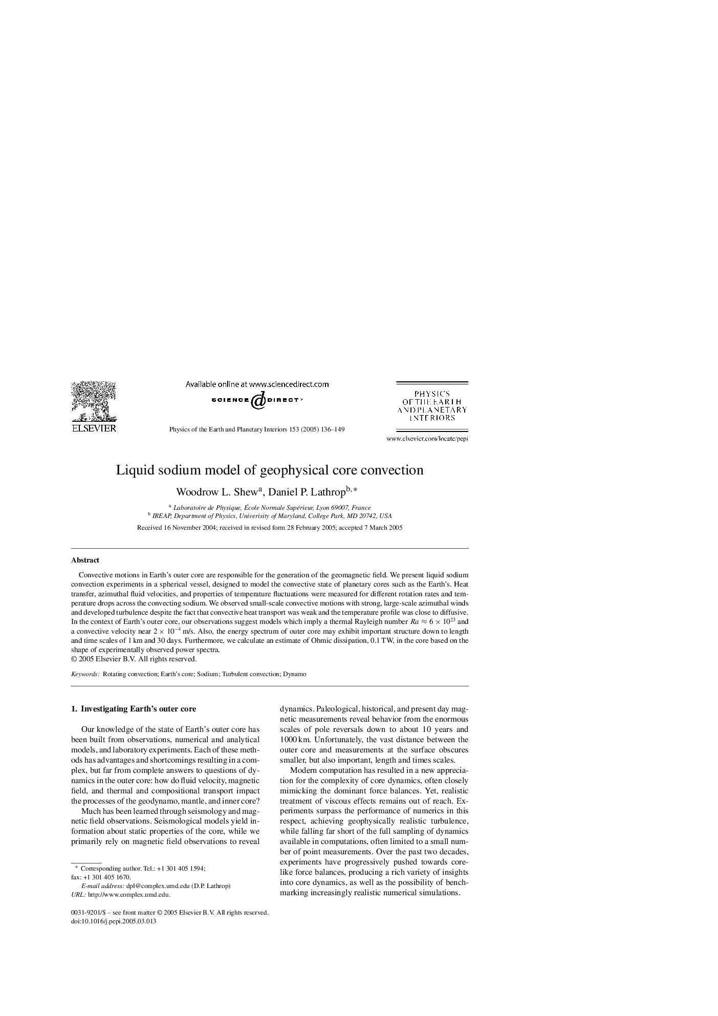 Liquid sodium model of geophysical core convection