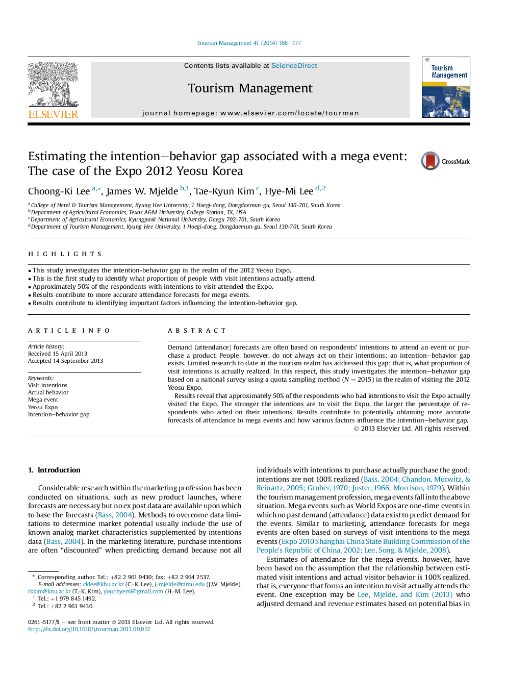 Estimating the intention–behavior gap associated with a mega event: The case of the Expo 2012 Yeosu Korea