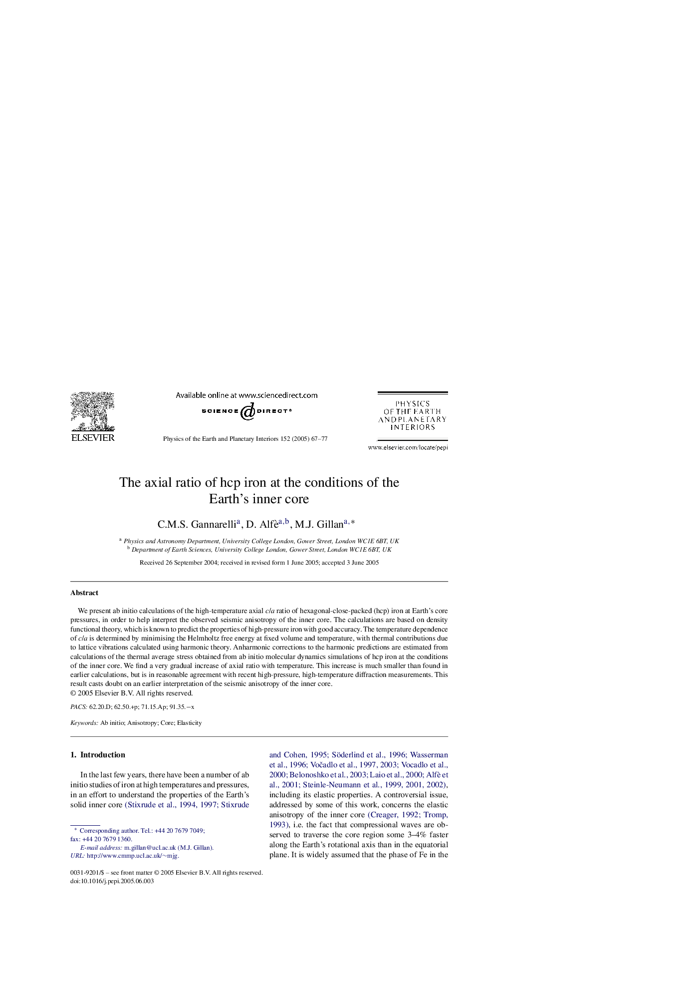 The axial ratio of hcp iron at the conditions of the Earth's inner core