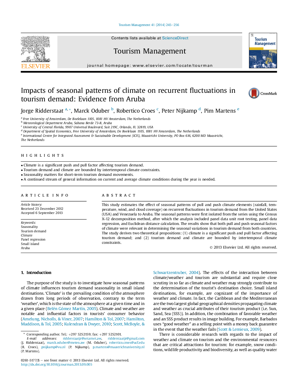 Impacts of seasonal patterns of climate on recurrent fluctuations in tourism demand: Evidence from Aruba